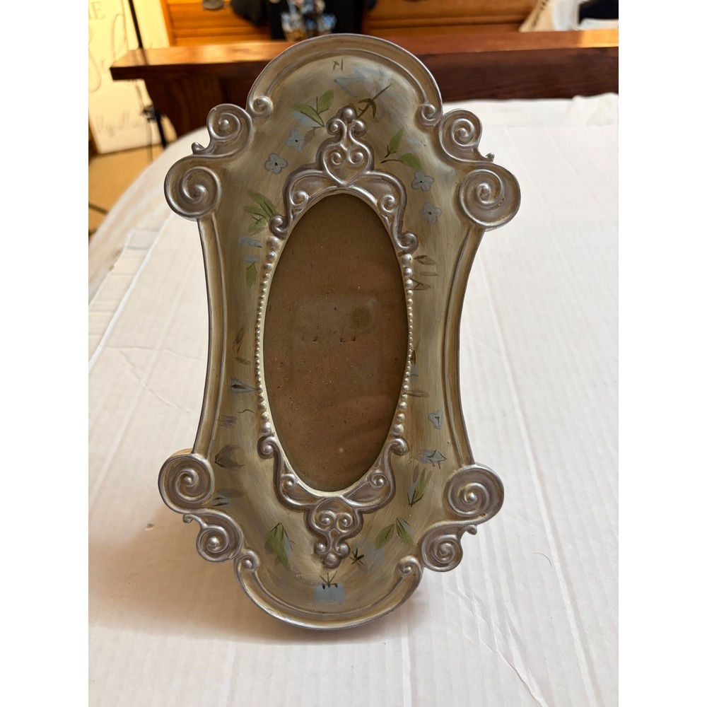 Beautiful Ornate Picture Frame Hand Painted Floral Scrollwork Silver Trim 7"